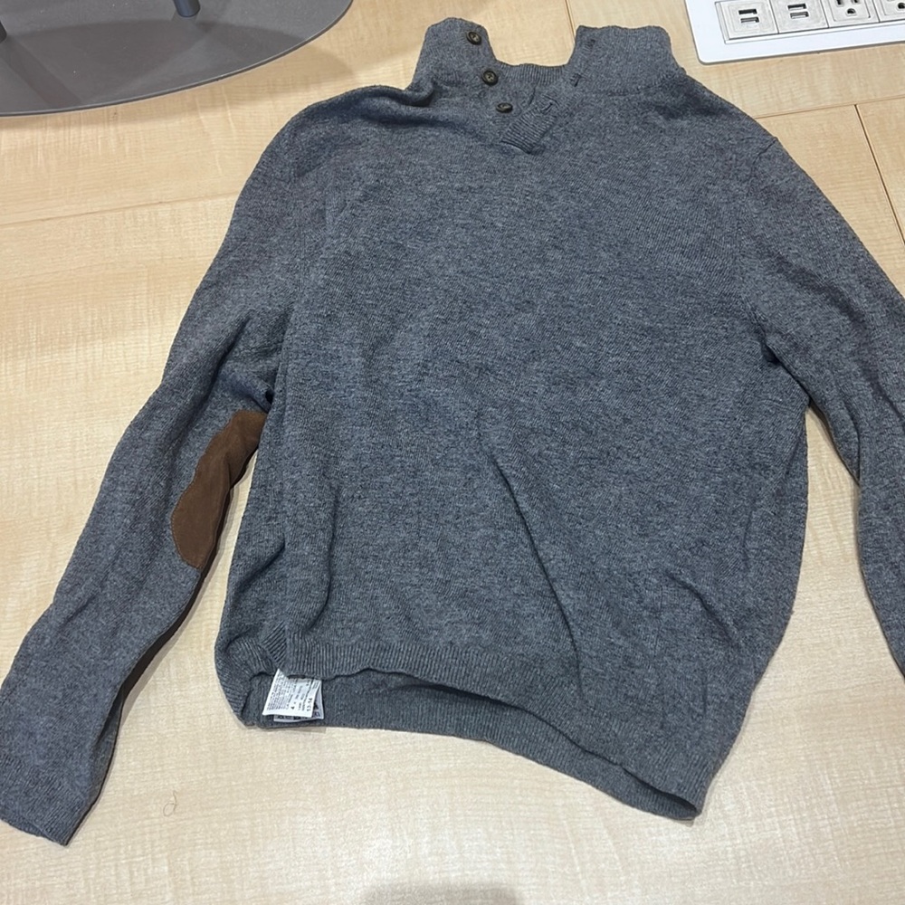 Mango Kids Luxury Wool Grey Sweater With Collar Buttons and Velvet Elbow Patches